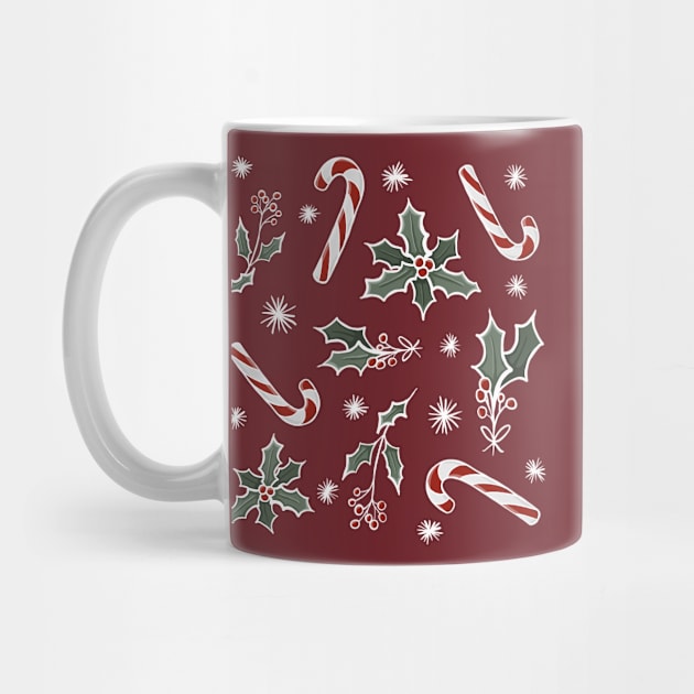 Boughs Of Holly and Candy Canes Festive Pattern Digital Illustration by AlmightyClaire